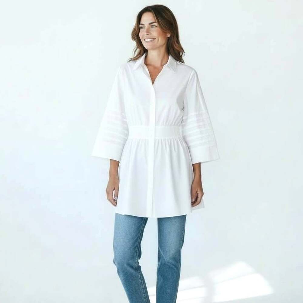LANE BRYANT ~ Women's White Cotton Blouse With Raw Edge Layered Details ~26/28